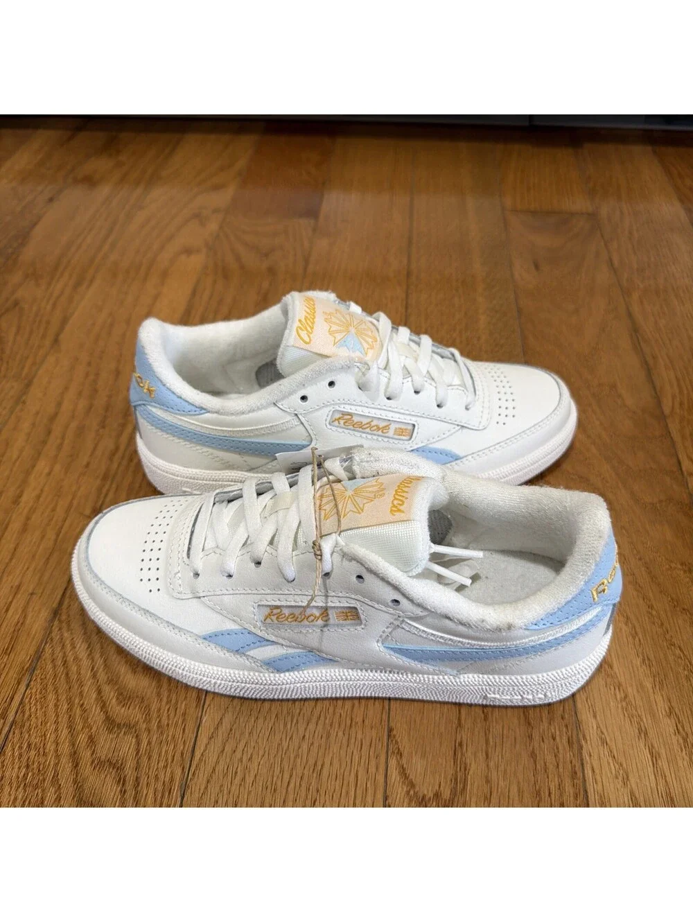Size 6 US women’s Reebok Club C Revenge Sneakers White Light Blue Gold Leather